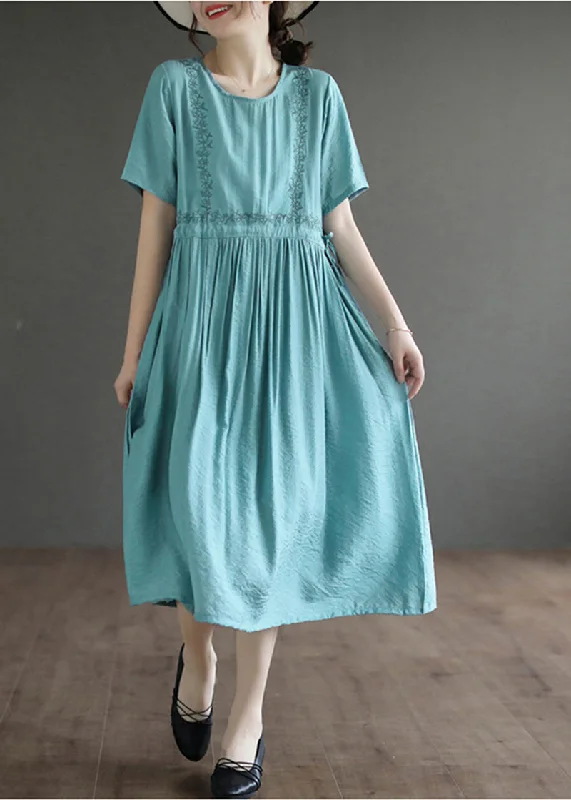 women's club dressesLake Blue Cotton Maxi Dress Embroideried Summer