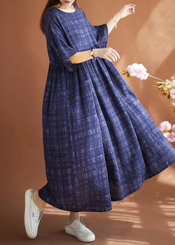 women's limited-edition dressesWomen Navy Oversized Plaid Linen Maxi Dresses Summer