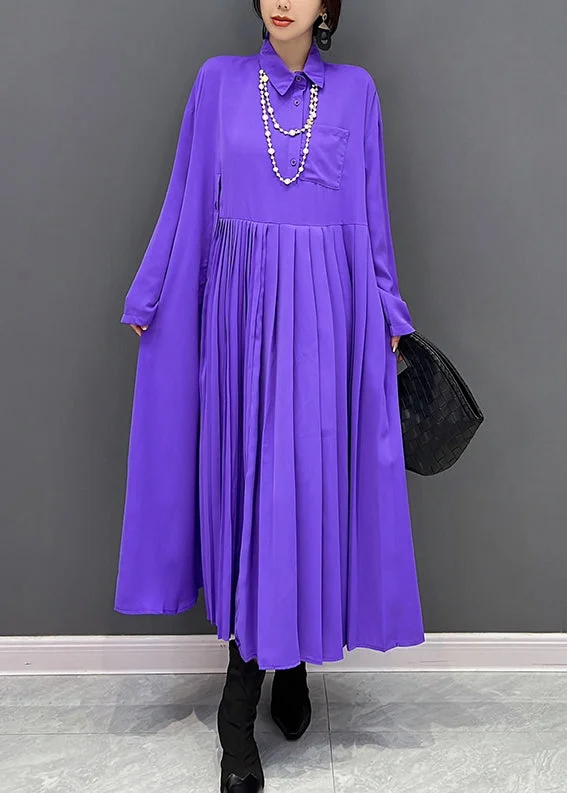 women's bow dressesOrganic Purple Peter Pan Collar Wrinkled Button Maxi Dress Fall