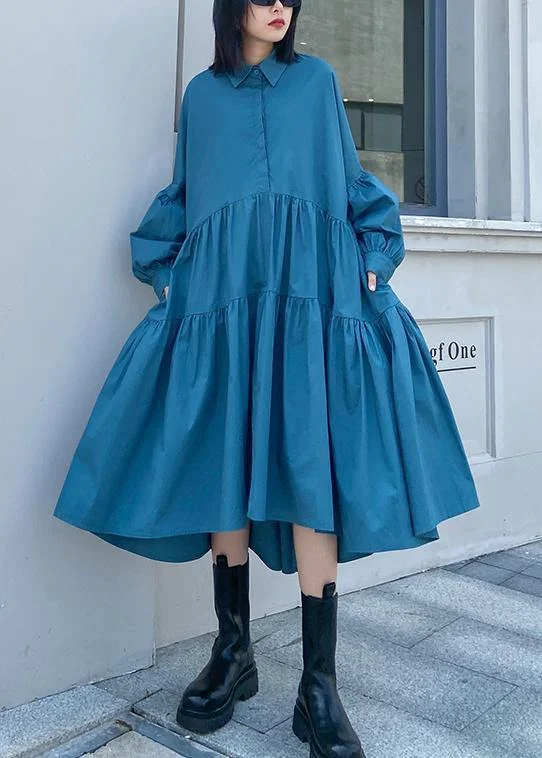 women's maximalist dressesBohemian blue dress lapel Puff Sleeve Maxi Dress