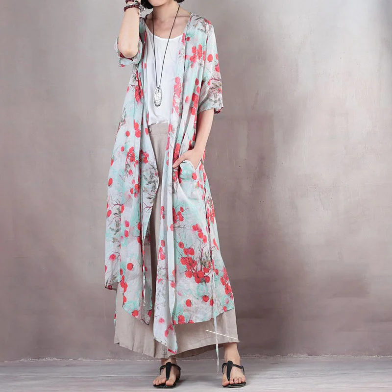 women's sleeveless dressesfashion red floral linen caftans casual v neck linen maxi dress Fine half sleeve tie waist caftans