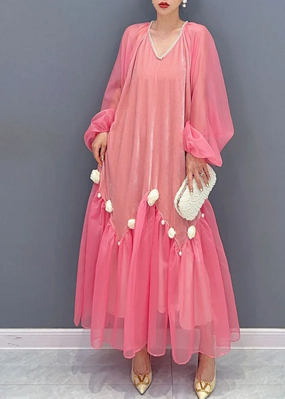 women's silk dressesNatural Pink V Neck Tulle Patchwork Silk Velour Maxi Dress Long Sleeve