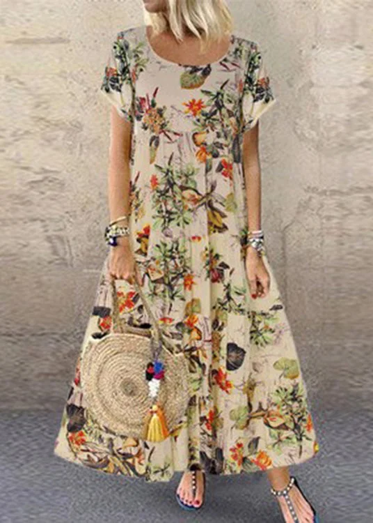 women's easy-to-wear dressesVintage Orange O-Neck Print Patchwork Maxi Dress Short Sleeve