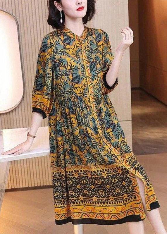 women's sheath dressesHandmade O-Neck Print Button Wrinkled Silk Maxi Dresses Long Sleeve