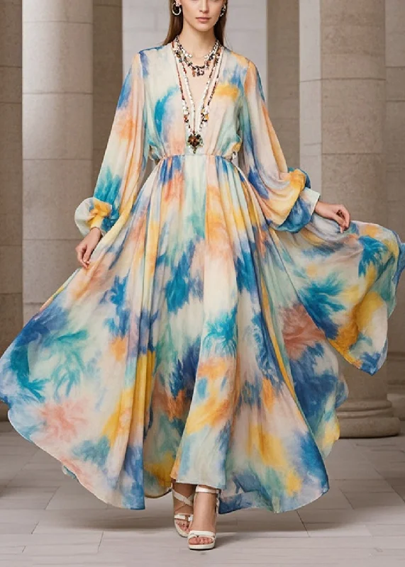 women's cinched-waist dressesWomen Beige Tie Dye Exra Large Hem Chiffon Maxi Dress Fall