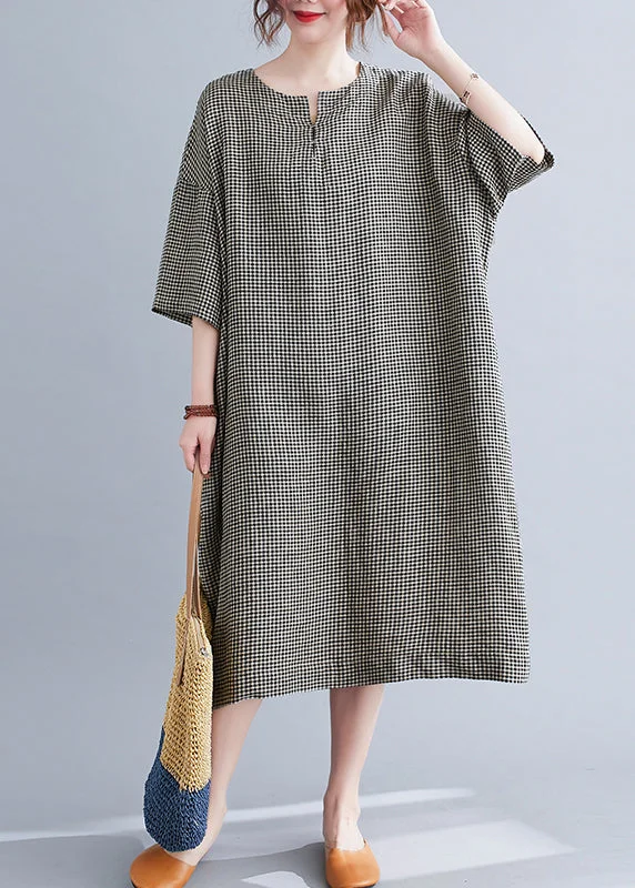 women's curve-hugging dressesBlack Plaid Linen Maxi Dress Oversized O-Neck Summer