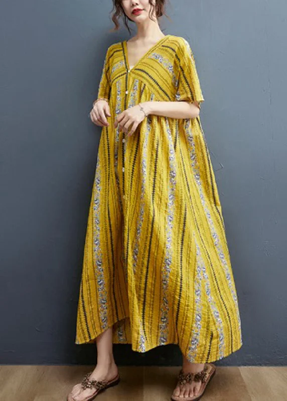 women's maxi dresses2024 Yellow Print Cotton Maxi Dresses Short Sleeve