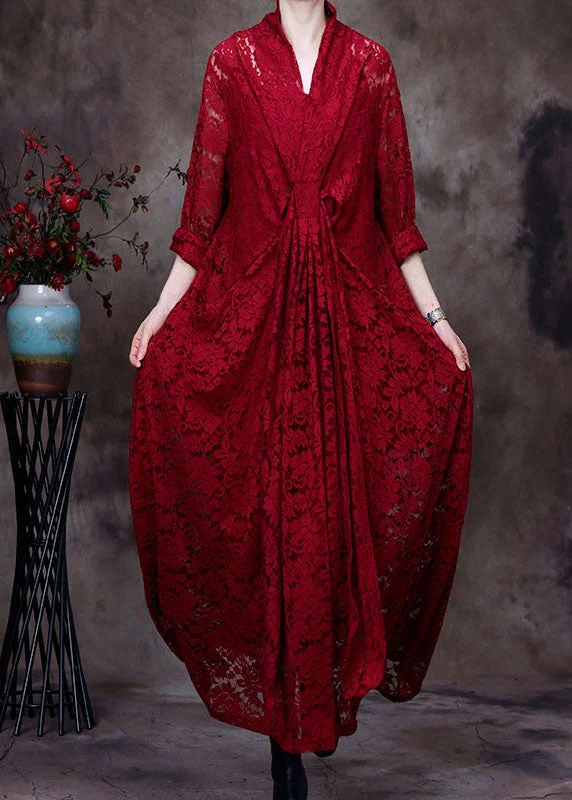 women's vintage dressesRed lace maxi Dresses Hollow Out Long Sleeve