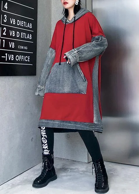 women's ball gown dressesChic red cotton clothes Women hooded Maxi patchwork Dresses