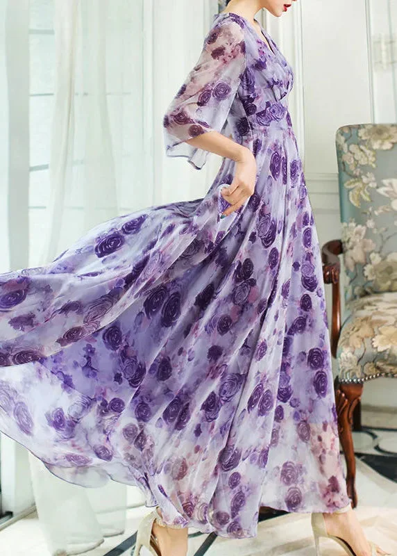 women's empire-line dressesStyle Purple V Neck Print Slim Chiffon Vacation Maxi Dresses Spring