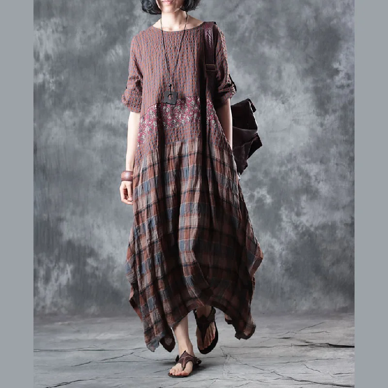 women's business casual dressesFine chocolate linen maxi dress oversize o neck plaid grid patchwork linen gown 2018 half sleeve pockets caftans