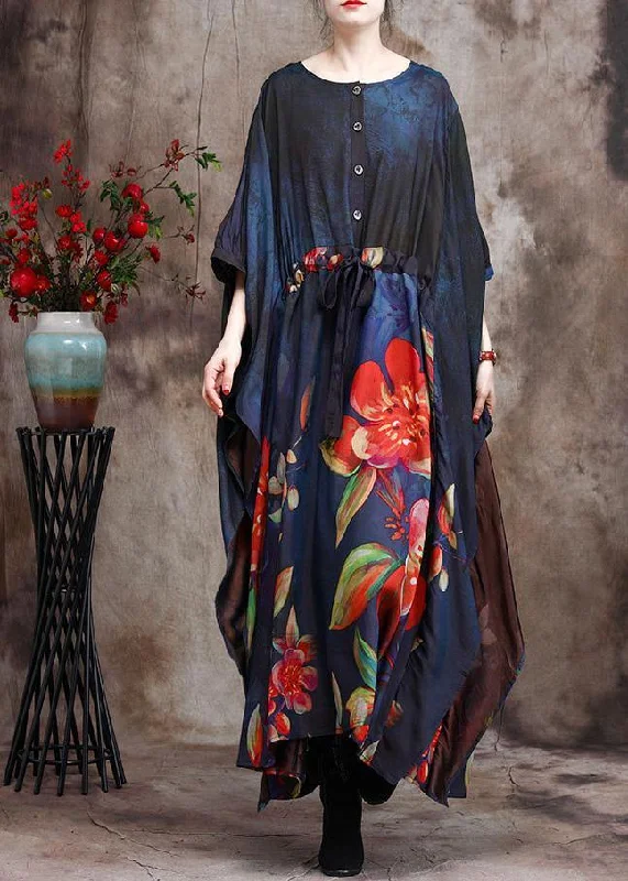 women's party dressesLoose Print Silk Dress Plus Size Tie Waist Maxi Dress