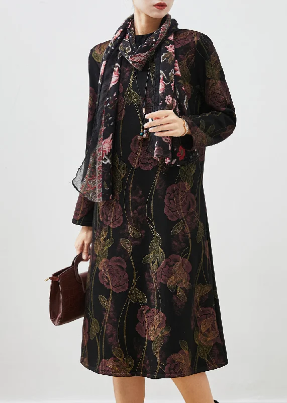 women's neon dressesHandmade Black Floral Warm Fleece Maxi Dresses Spring