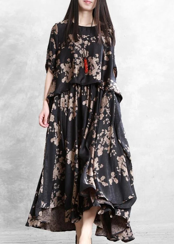 women's custom dressesClassy black print dress o neck false two pieces Maxi Dress