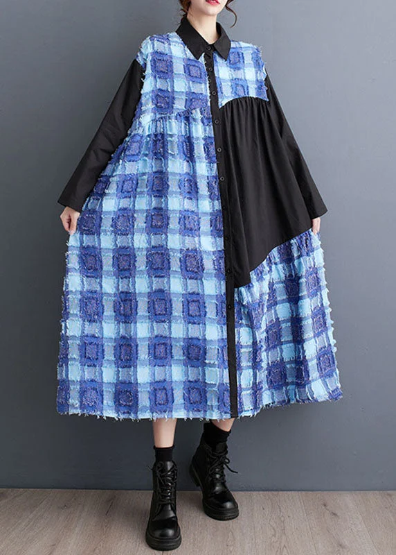 women's midi dressesBoho Blue Asymmetrical Tulle Patchwork Button Maxi Shirts Dress Fall