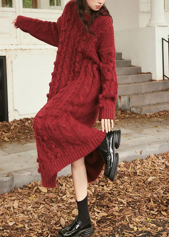 women's hourglass figure dressesNatural Purplish Red O-Neck Cable Cotton Knit Sweater Maxi Dress Long Sleeve