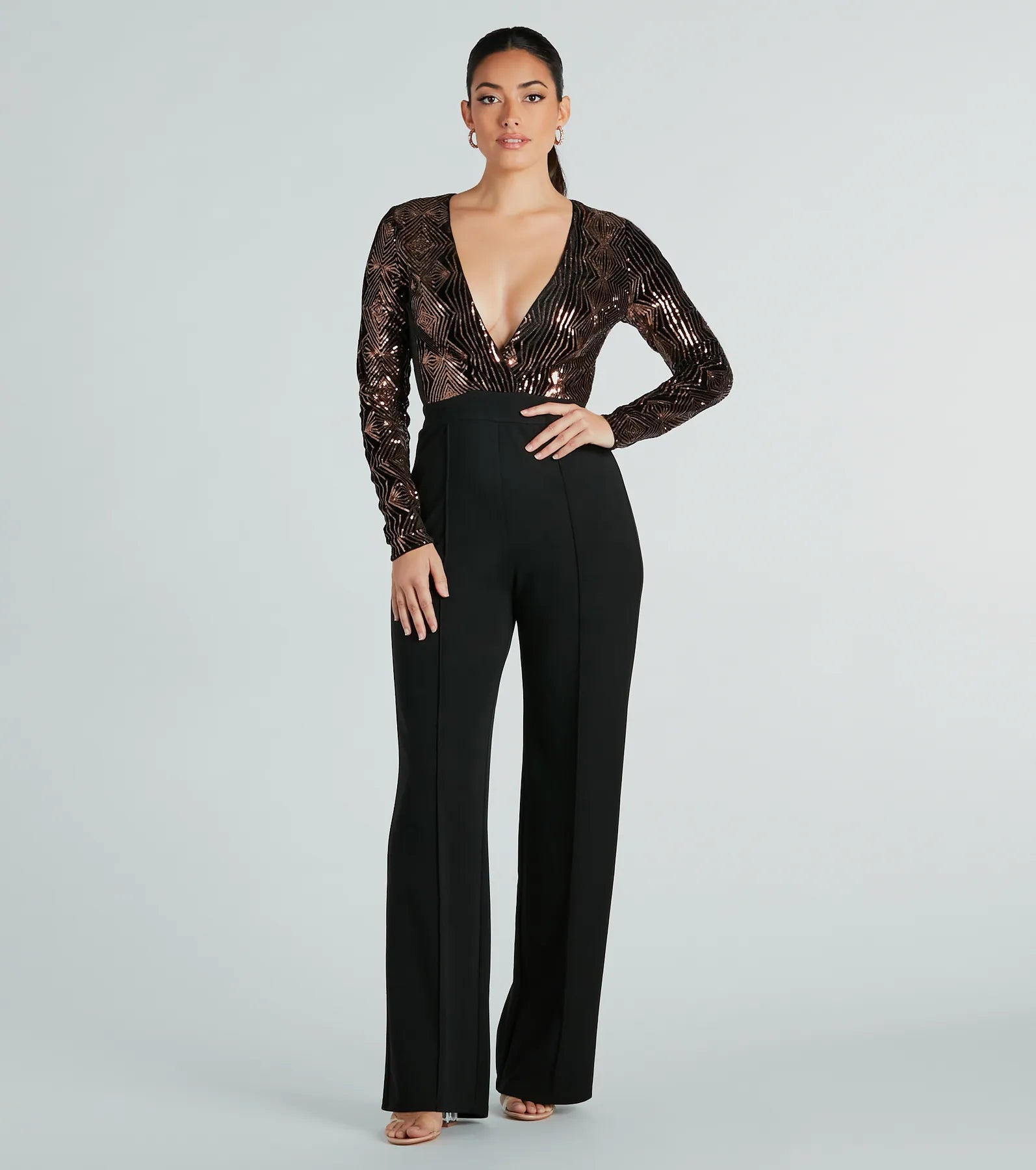 women's jumpsuits for moisture-wicking materialsGleam With Glamour Sequin Long Sleeve Jumpsuit