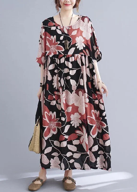 women's floral dressesOrganic Black Print O-Neck Linen Cotton Maxi Summer Cotton Dress