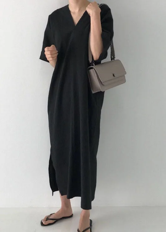 women's business casual dressesModern Black V Neck Linen Maxi Dress Short Sleeve