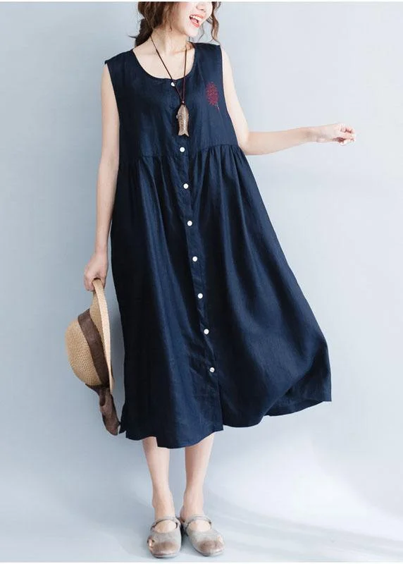 women's boho dressesWomen navy patchwork linen cotton clothes For Women sleeveless Maxi summer Dress