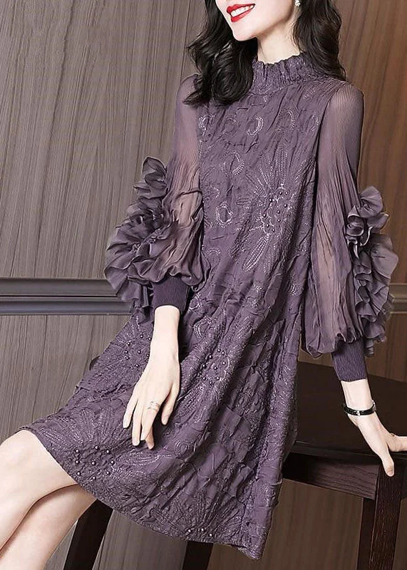 women's stretchy dressesOriginal Design Purple Stand Collar Embroidered Nail Bead Silk Maxi Dress Long Sleeve