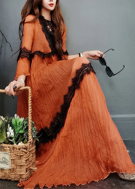 women's bespoke dressesNatural Orange O-Neck Lace Patchwork Silk Maxi Dress Flare Sleeve