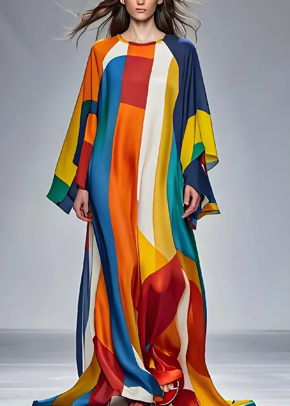 women's halter dressesModern Colorblock O Neck Silk Holiday Maxi Dress Long Sleeve