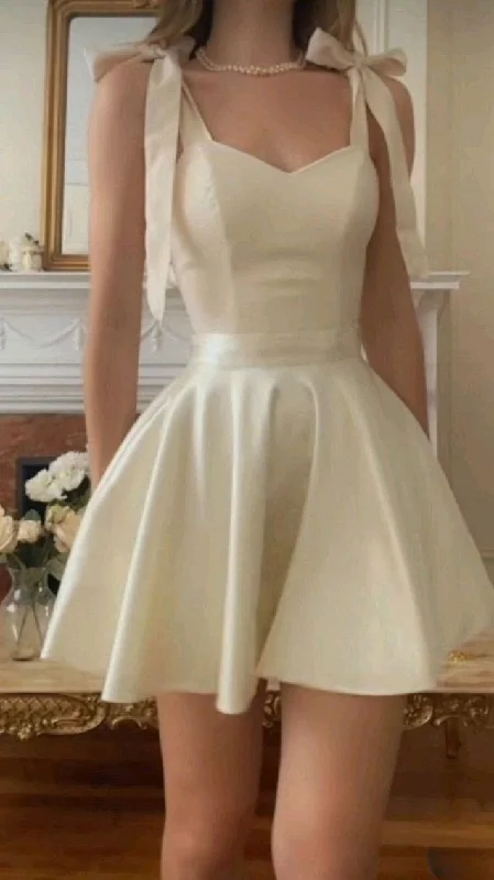 women's sustainable dressesElegant Straps Ivory A Line Birthday Outfits Mini Prom Dress Y7657