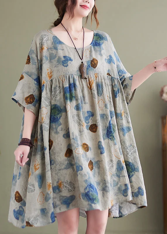 women's plus-size dressesWomen Lake Blue Oversized Print Cotton Maxi Dress Summer