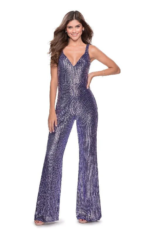 women's casual jumpsuitsLa Femme V-Neck Striped Sequin Formal Jumpsuit 28722