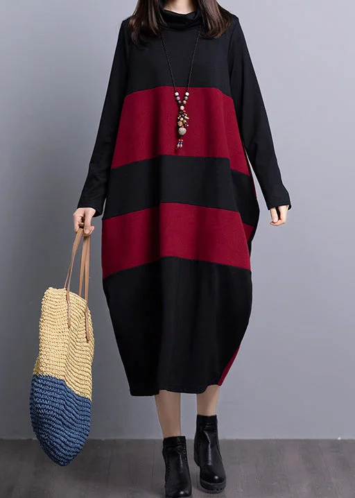 women's bell-sleeved dressesModern Black Red Turtle Neck Knit Maxi Dress Long Sleeve