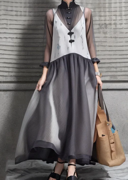 women's ethical fashion dressesNew Grey Stand Collar Button Patchwork Silk Maxi Dresses Long Sleeve