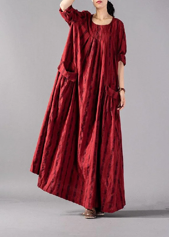 women's ethical fashion dressesVivid red Plaid cotton linen Robes o neck pockets Maxi fall Dresses