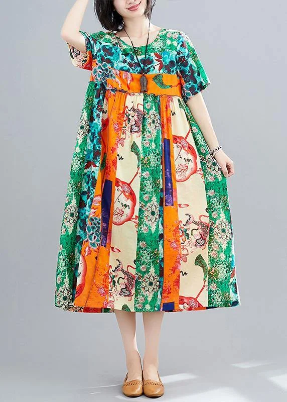 women's statement dressesChic Green Print Dresses O Neck Patchwork Maxi Spring Dress