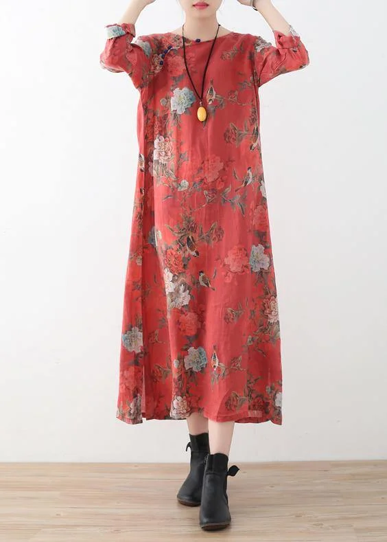 women's one-shoulder dressesWomen red linen outfit Fine Runway side open Maxi prints Dress