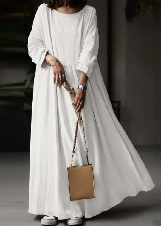 women's body-skimming dressesLoose White O Neck Solid Cotton Maxi Dress Long Sleeve