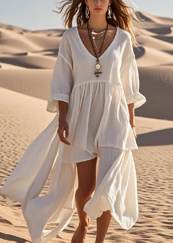 women's wrap dressesSimple White Asymmetrical Cotton Maxi Dress Summer