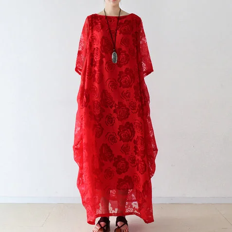 women's cotton dressesRed roses tulle chiffon caftans maxi dresses causal gown plus size clothing