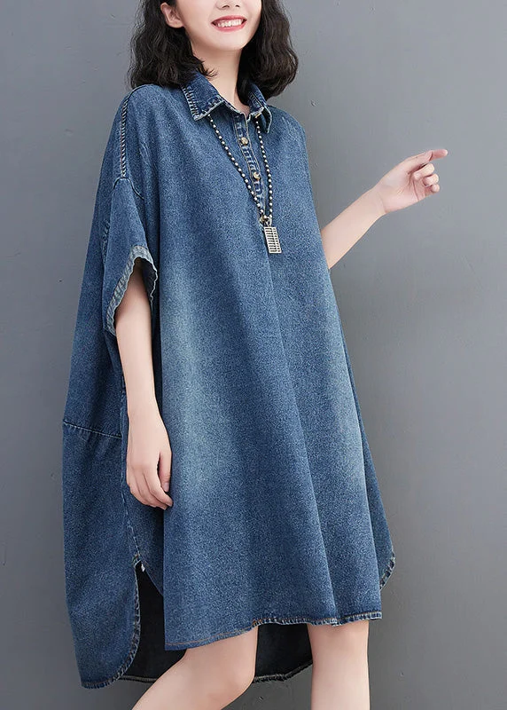 women's tall dressesLoose Blue Button Side Open Maxi Denim Dress Summer