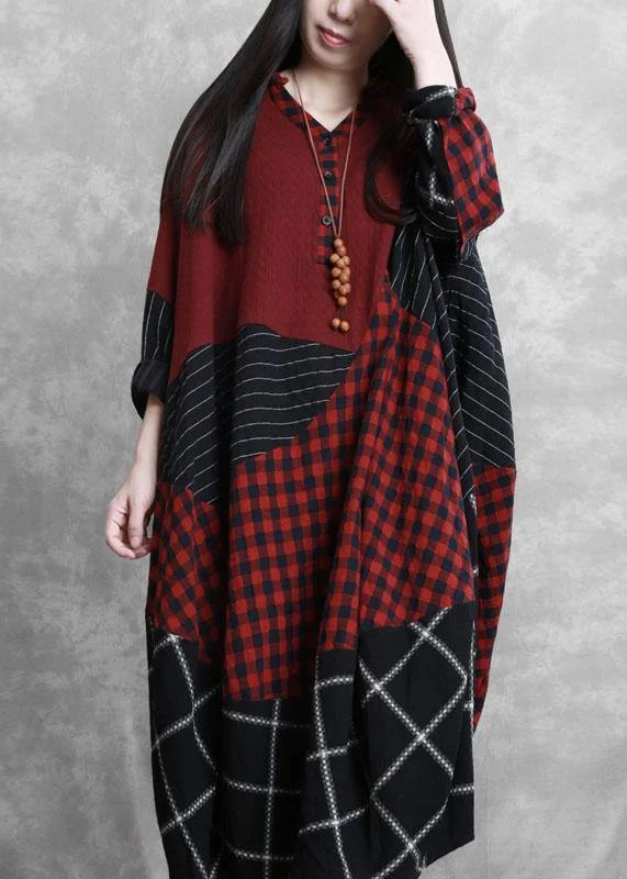 women's easy-to-wear dressesSimple burgundy plaid clothes v neck patchwork Maxi Dress