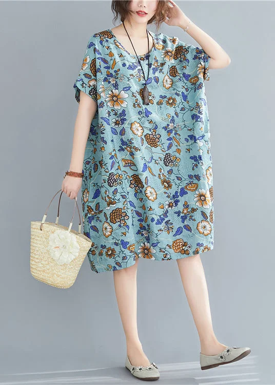 women's trendy dressesBlue Print Cotton Maxi Dresses Oversized Pockets Summer