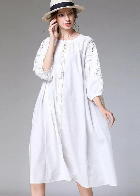 women's glam dressesPlus Size White Loose O-Neck A Line Spring Maxi Dress Three Quarter Sleeve