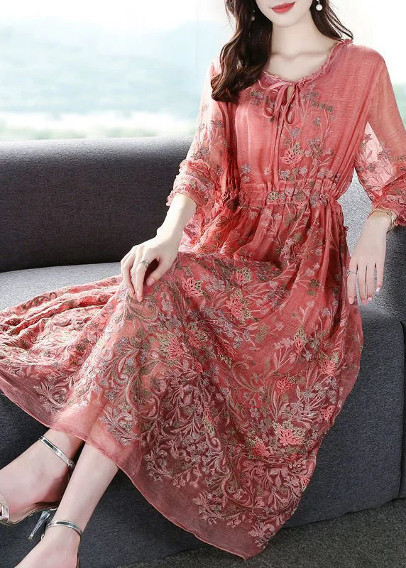 women's boho dressesStyle Pink O-Neck Cinched Embroideried Silk Maxi Dress Bracelet Sleeve