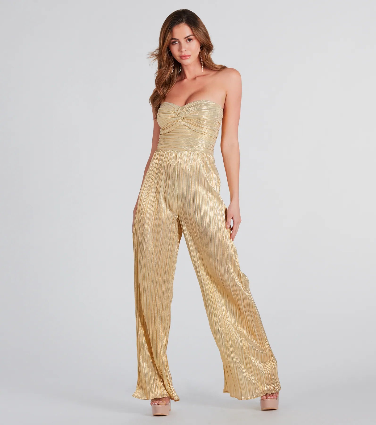 women's jumpsuits for breathable wearAll The Attention Metallic Strapless Jumpsuit