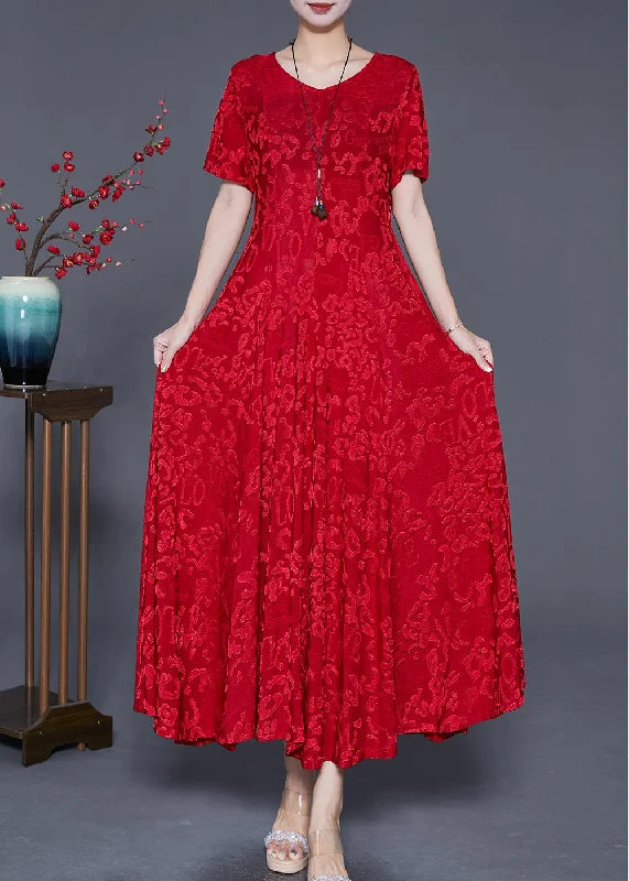 women's machine-washable dressesFrench Red Jacquard Exra Large Hem Silk Maxi Dresses Summer