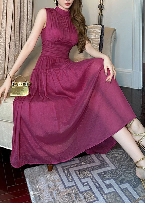 women's casual Friday dressesFashion Purple Stand Collar High Waist Chiffon Holiday Maxi Dress Sleeveless