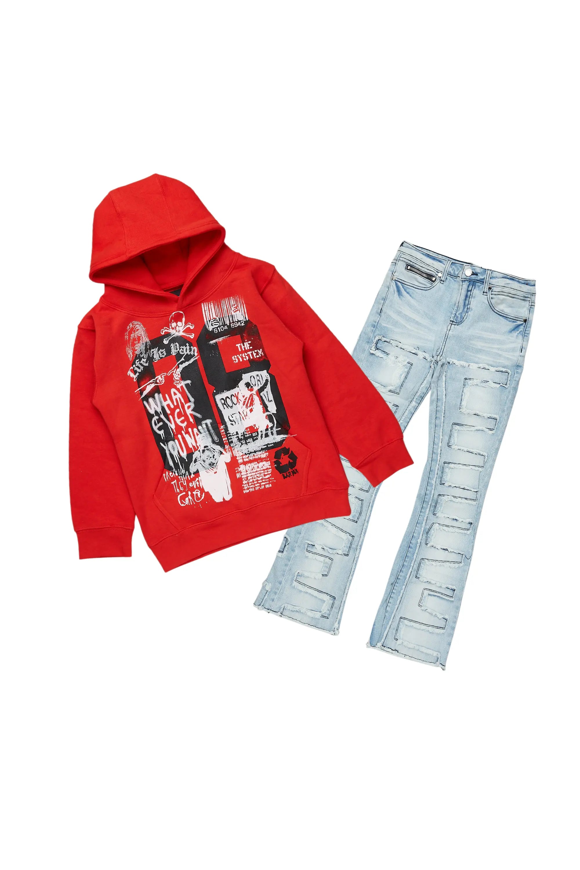 women's low-rise pantsBoys Beau Red/Blue Hoodie/Stacked Flare Jean Set