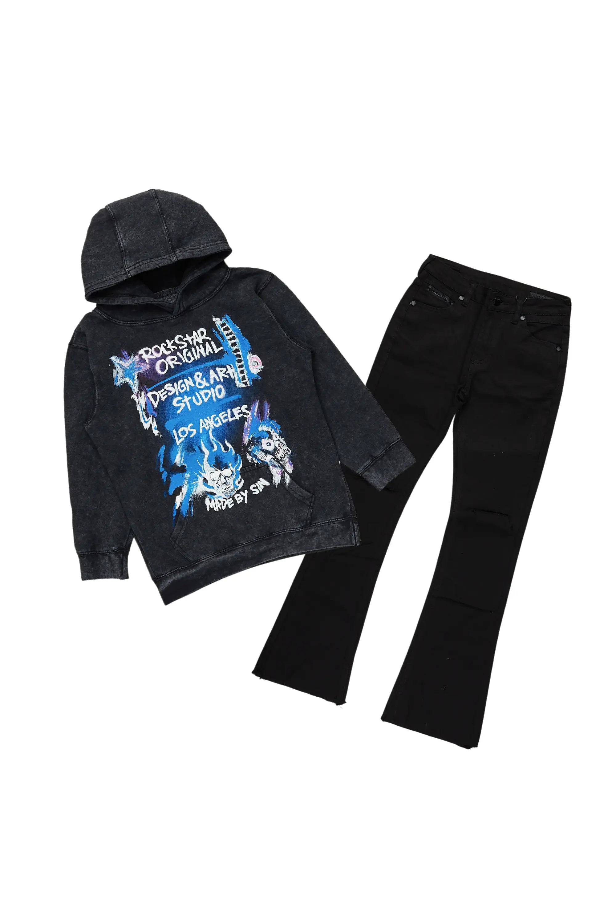 women's jogger pantsBoys Soweto Vintage Black Hoodie/Stacked Flare Jean Set