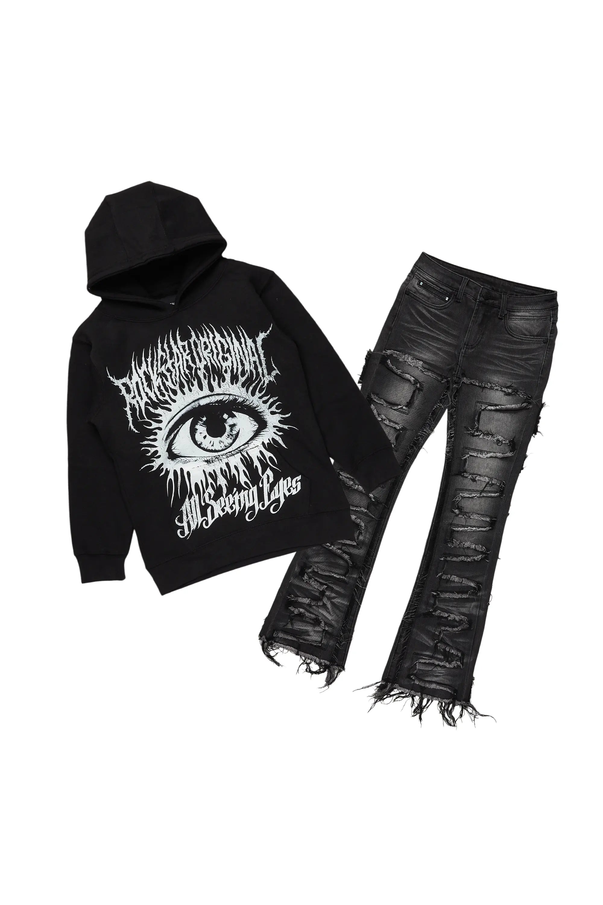 women's bootcut pantsBoys All Eyes Black Hoodie/Stack Flare Jean Set