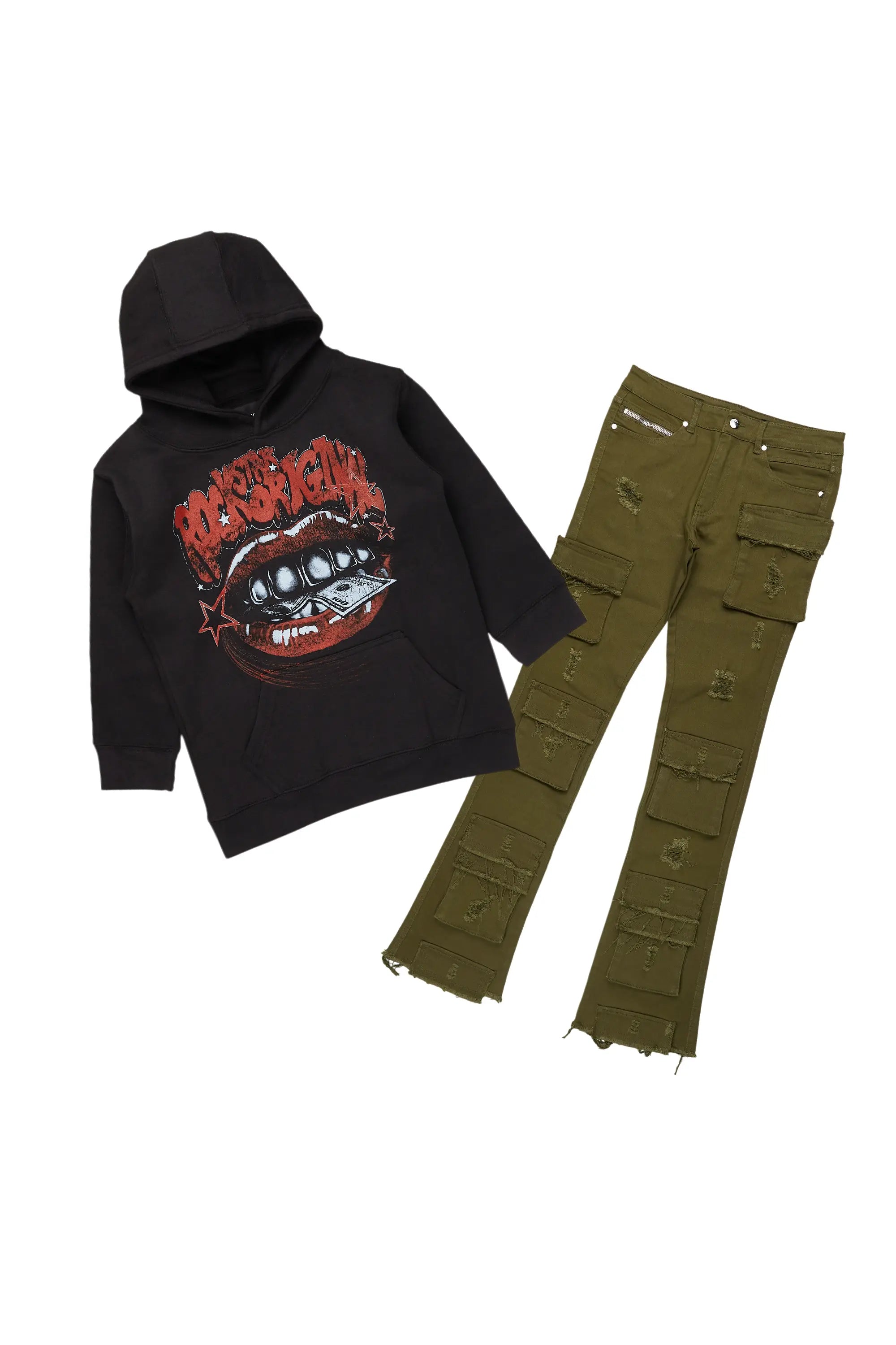 women's satin pantsBoys Bloke Black/Green Hoodie/Stacked Flare Jean Set